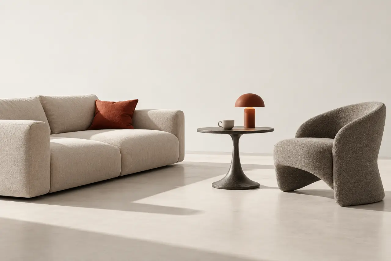 Guéridons design dans un salon contemporain à côté d’un canapé et d’un fauteuil