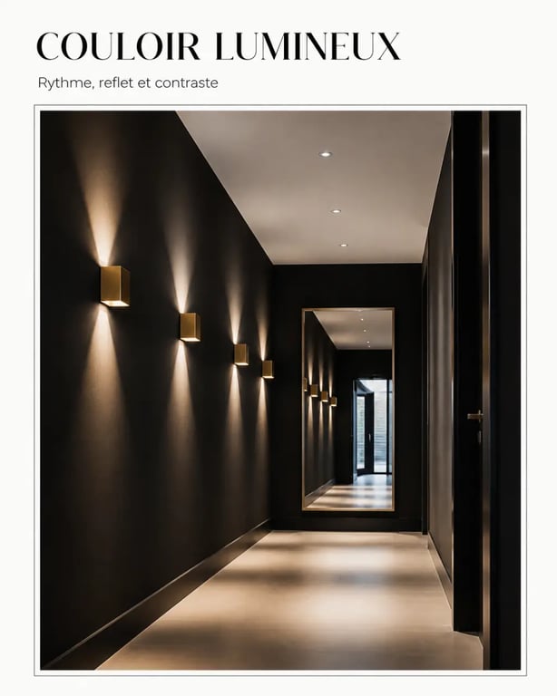 Idée déco couloir moderne sombre avec éclairage régulier et miroir réfléchi