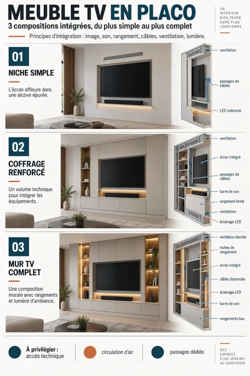 Infographie comparative d’un meuble TV placo design avec niche, rangements, câbles et éclairage LED
