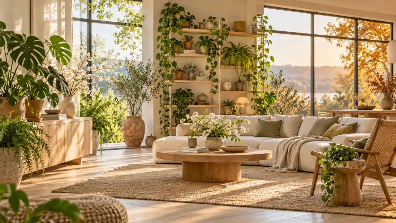 Salon lumineux avec plantes vertes et jardin d’intérieur au style naturel