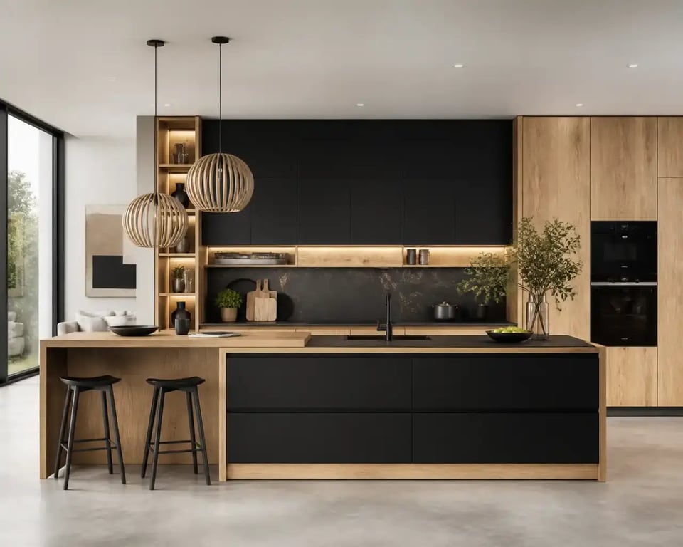 Idées déco cuisine contemporaine avec noir et bois, matériaux mats et crédence élégante