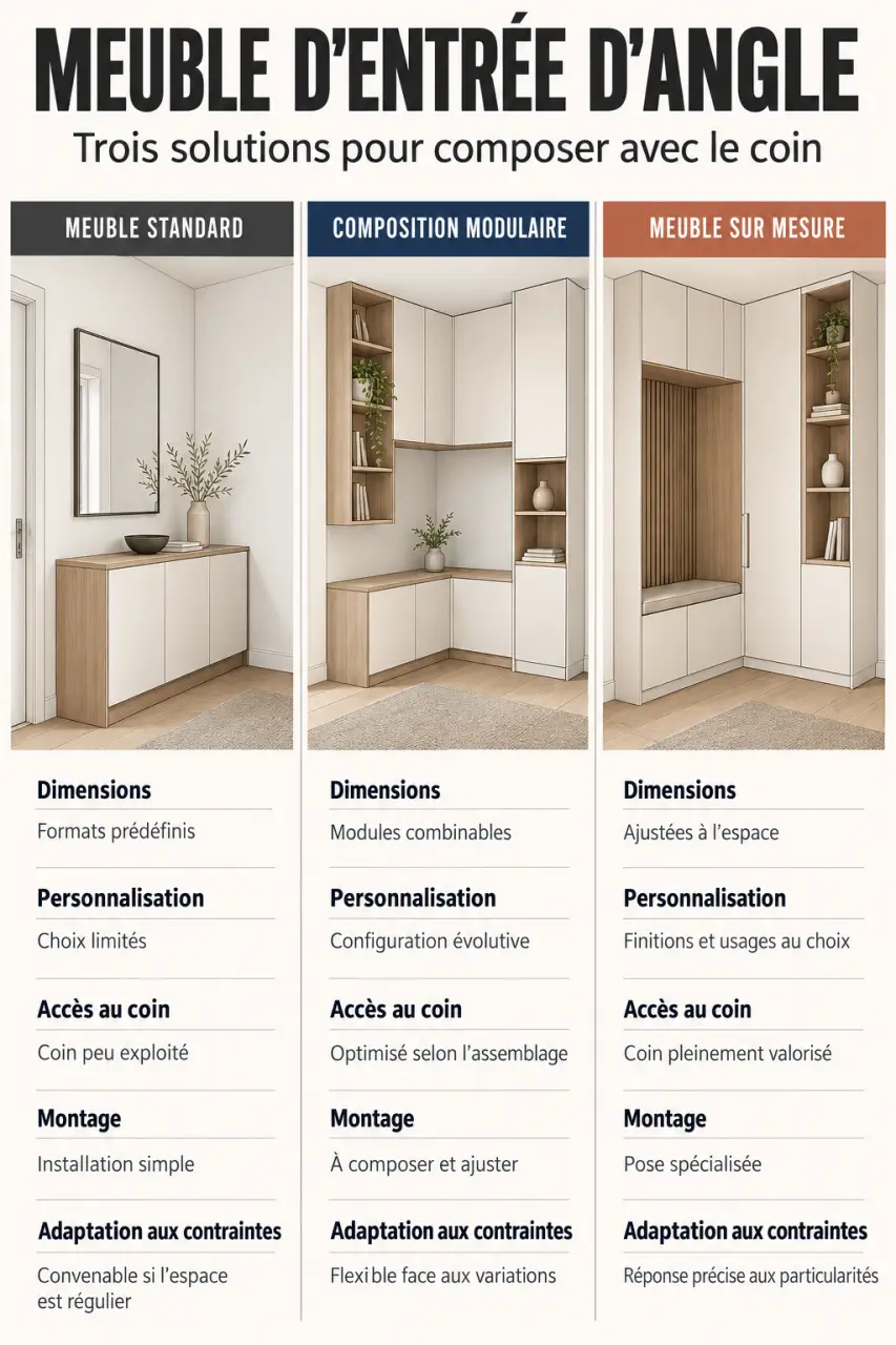 Infographie comparative des solutions de meuble entrée angle standard, modulaire et sur mesure