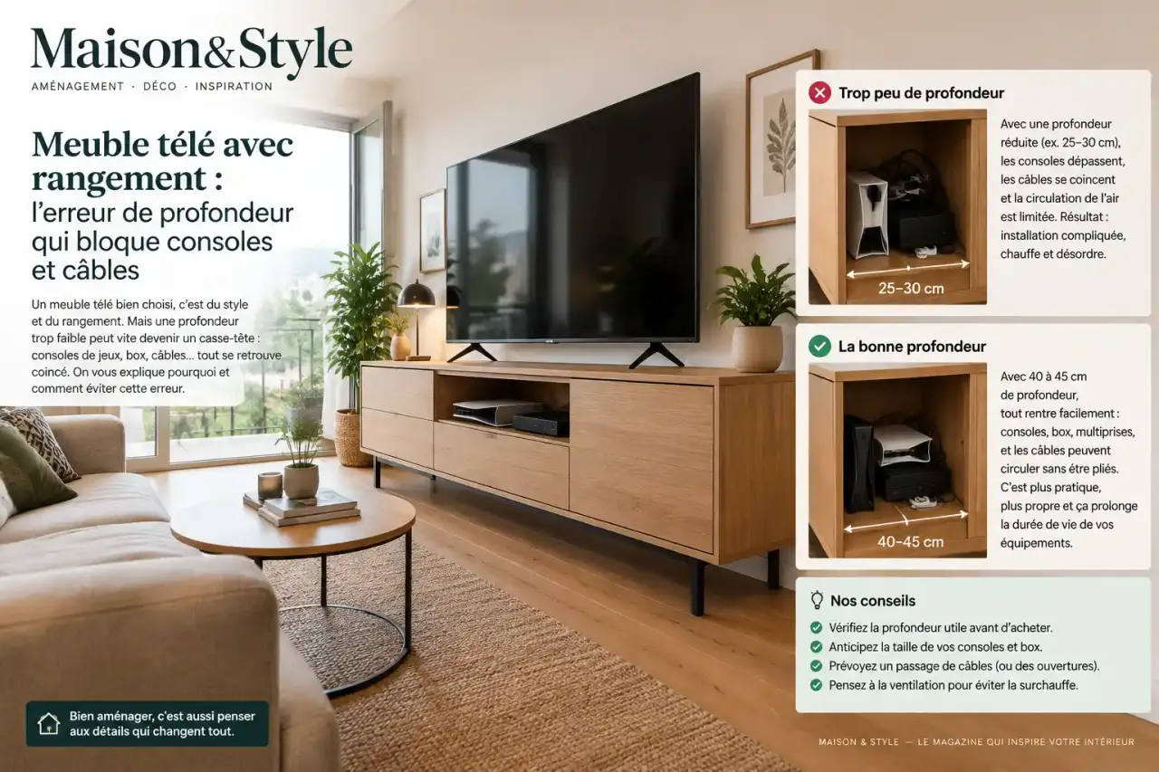 Meuble télé avec rangement : l’erreur de profondeur qui bloque consoles et câbles