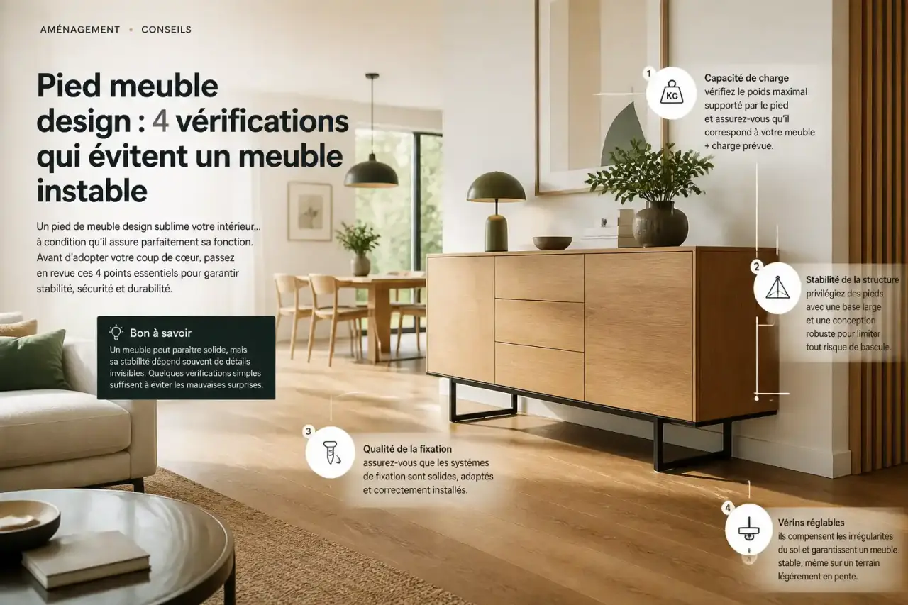 Pied meuble design : 4 vérifications qui évitent un meuble instable