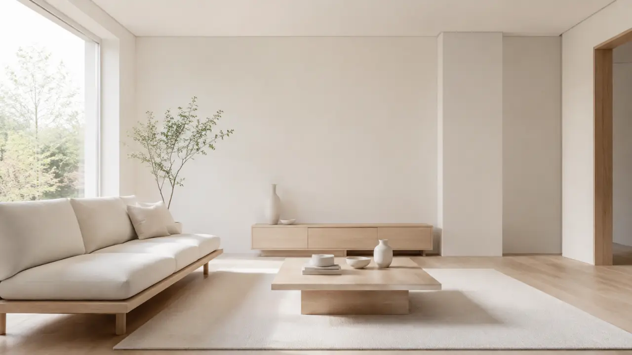Salon lumineux dans l'esprit Japandi avec canapé en lin beige et plante verte