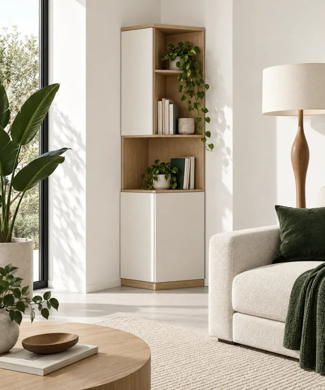 Petit meuble d’angle design en bois clair dans un salon contemporain