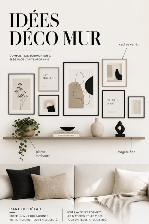Idées déco mur avec composition de cadres et étagère murale au-dessus d’un canapé