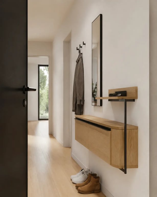 Meuble d’entrée design dans une entrée étroite avec circulation dégagée
