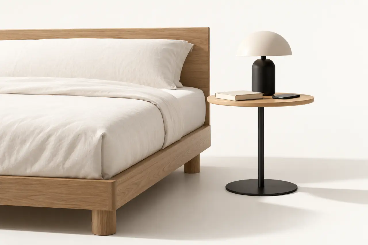Guéridons design utilisés comme table de chevet dans une chambre contemporaine
