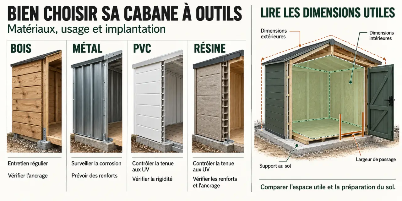 Cabane à outils de jardin : comparaison des matériaux, des dimensions utiles et de la largeur de passage