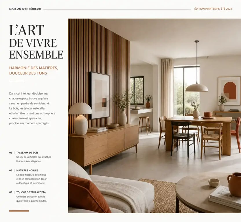Décoration salon moderne salle à manger avec mur d'accent en tasseaux de bois et buffet séparateur