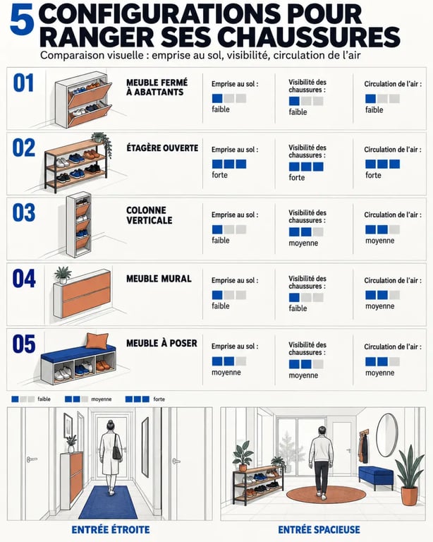 Infographie comparative des configurations de meuble à chaussures design pour une entrée