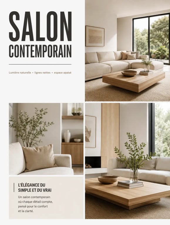 Idées déco salon moderne : salon lumineux avec canapé clair, bois blond et tapis texturé
