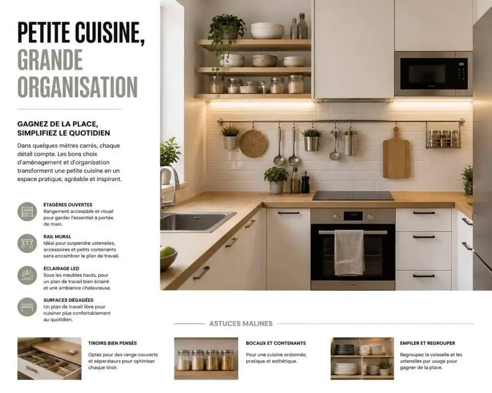 Idées déco cuisine pour petite cuisine avec rangements muraux, étagères ouvertes et éclairage LED