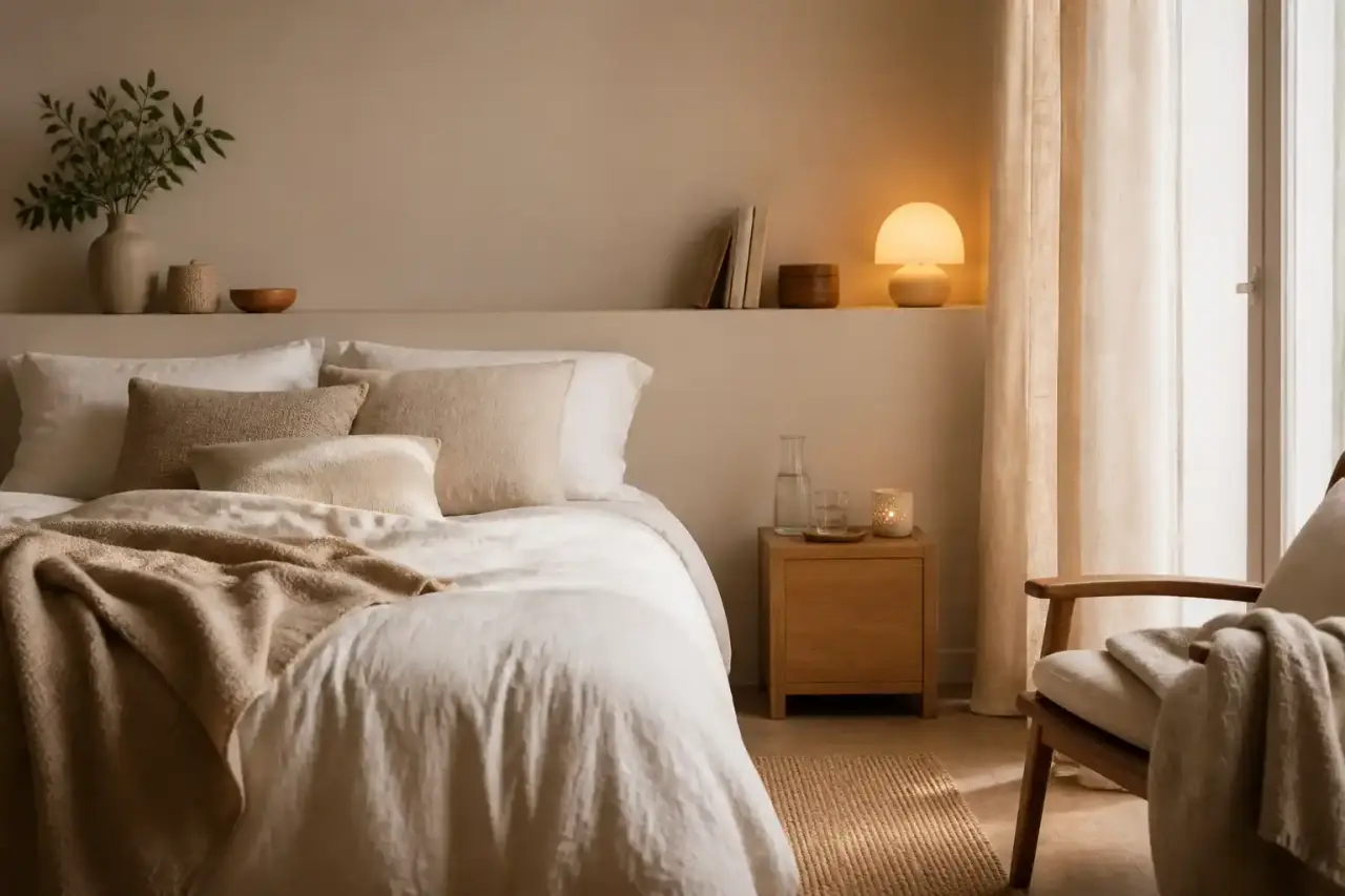 Chambre apaisée au style minimaliste, lumière douce et matières naturelles