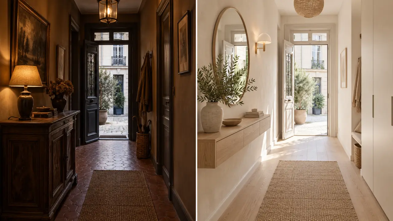 Entrée étroite rénovée, lumineuse et élégante avec murs clairs et mobilier minimaliste