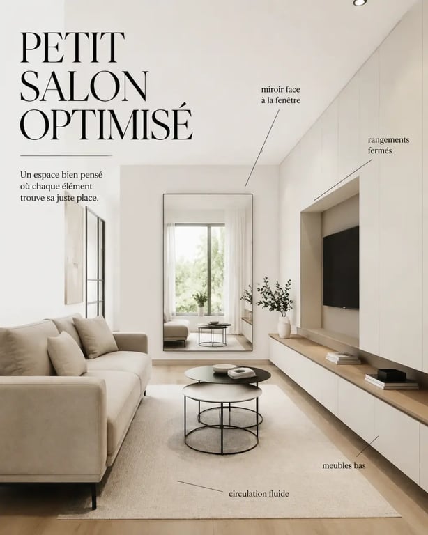 Idées déco salon moderne : petit salon aménagé avec meubles bas, miroir et circulation fluide