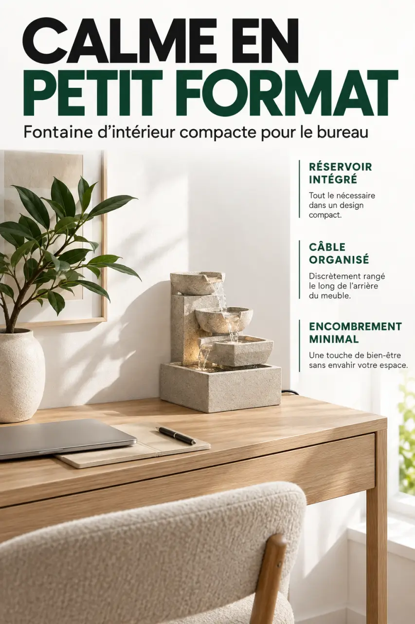 Fontaine décoration intérieure compacte sur un bureau dans un petit espace