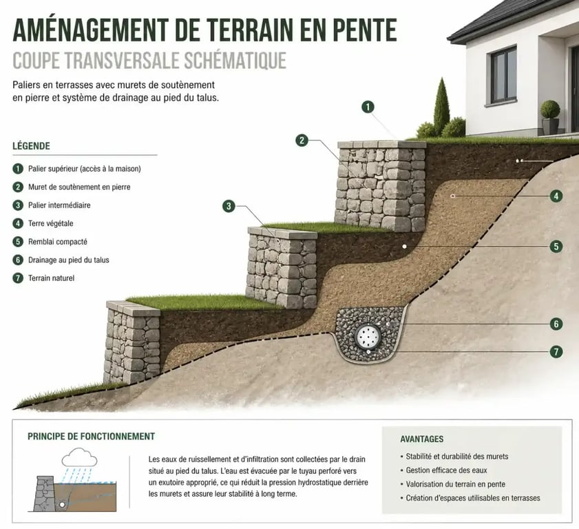 Schéma technique d'aménagement de terrain en pente devant maison avec drainage et paliers