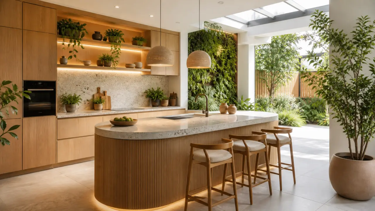Cuisine biophilique lumineuse avec bois clair, plantes et matières naturelles