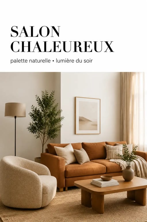 Idées déco salon moderne : salon chaleureux avec canapé terracotta, bois et textiles doux