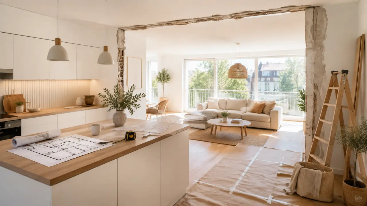 Cuisine ouverte lumineuse dans un intérieur minimaliste