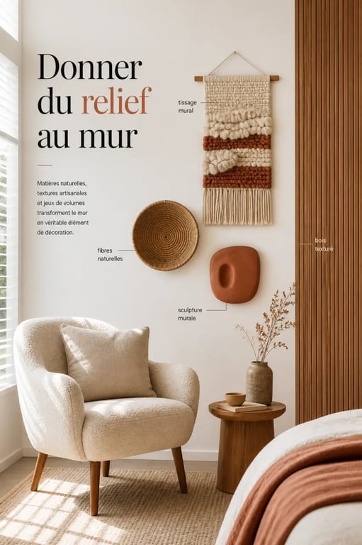 Idées déco mur avec relief et matières naturelles dans une chambre cocooning