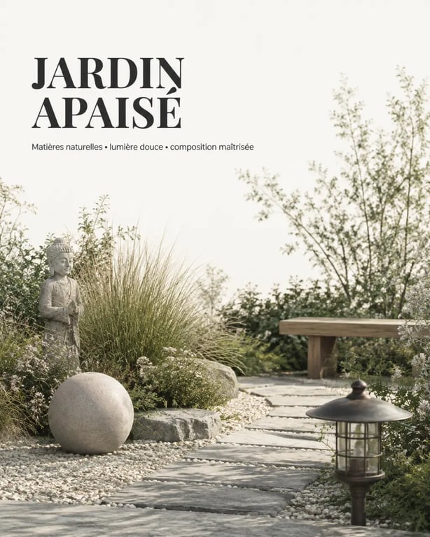 Idée décoration extérieur d’un jardin avec statue discrète, lanterne basse et matériaux naturels