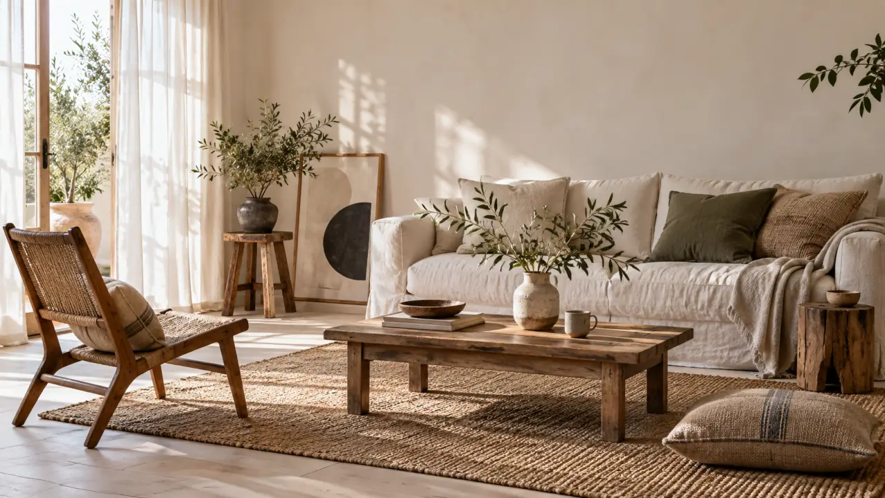 Salon lumineux de style Japandi avec canapé beige, bois naturel et plantes vertes