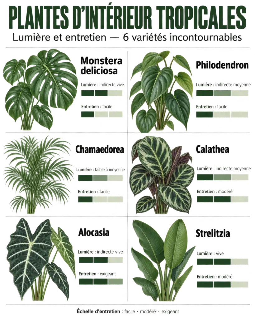 Graphique comparatif des plantes intérieur tropicale selon la lumière et l’entretien