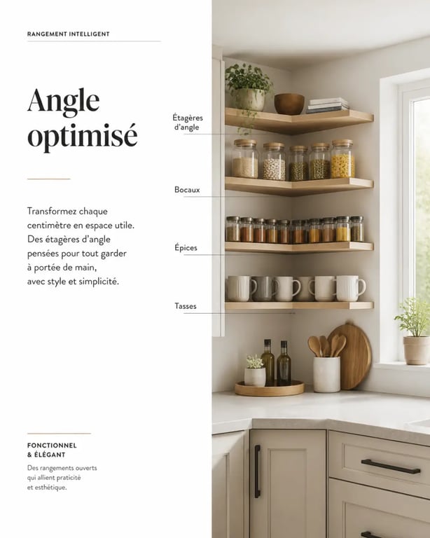 Aménager un angle perdu dans une cuisine avec étagères et rangements d’angle