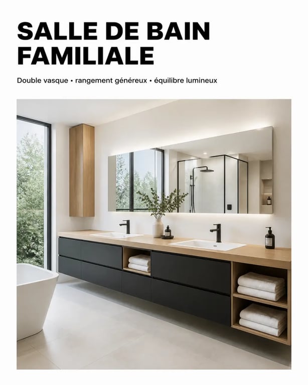 Meuble vasque design à double vasque dans une grande salle de bain familiale