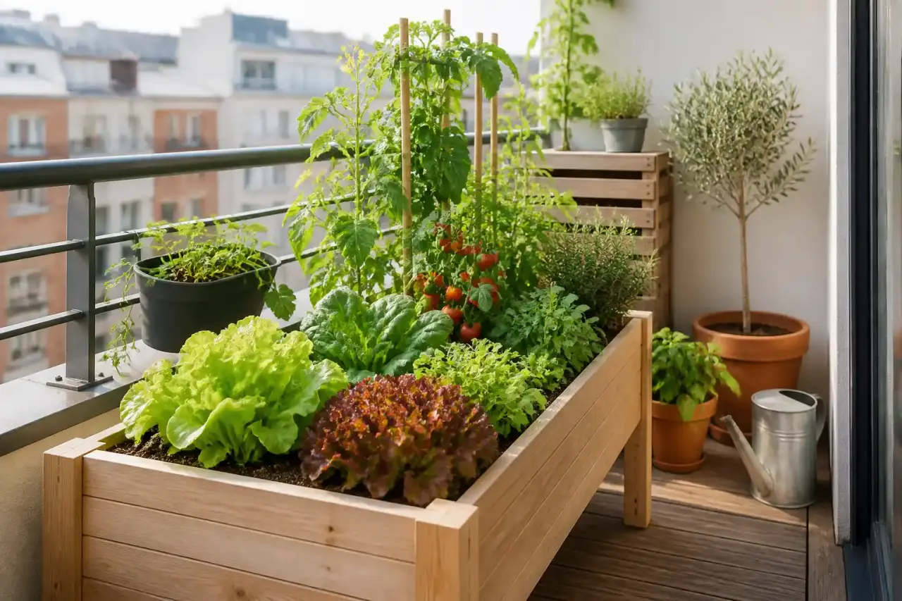 Petit potager urbain aménagé sur une terrasse de quatre mètres carrés