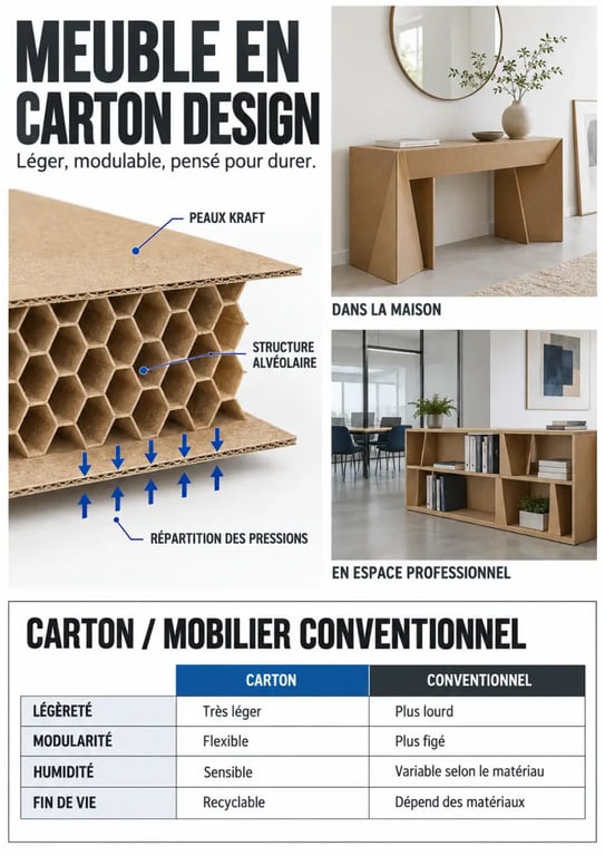 Infographie sur le meuble carton design, sa structure alvéolaire, ses usages et ses limites