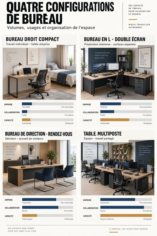 Meuble de bureau design : configurations compactes, en L, de direction et multiposte