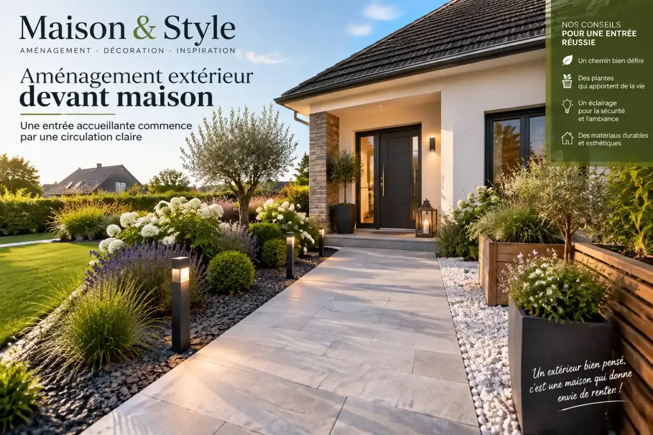 Aménagement extérieur devant maison : une entrée accueillante commence par une circulation claire