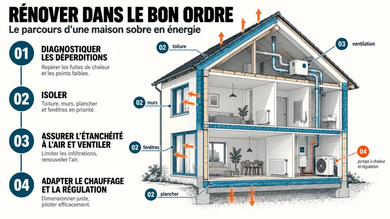Infographie sur la rénovation énergétique de maison et l'ordre des travaux