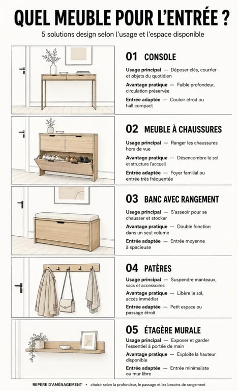 Infographie des solutions de meuble d’entrée design selon l’espace et les besoins de rangement