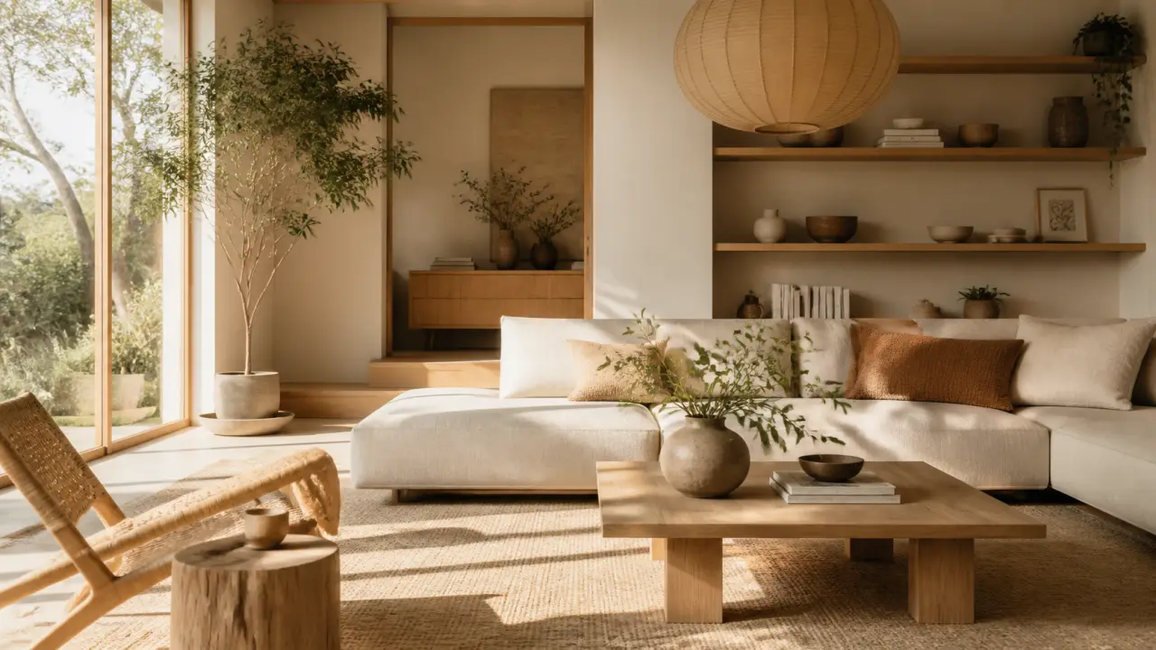 Salon lumineux au style japandi, aux lignes épurées et aux tons naturels