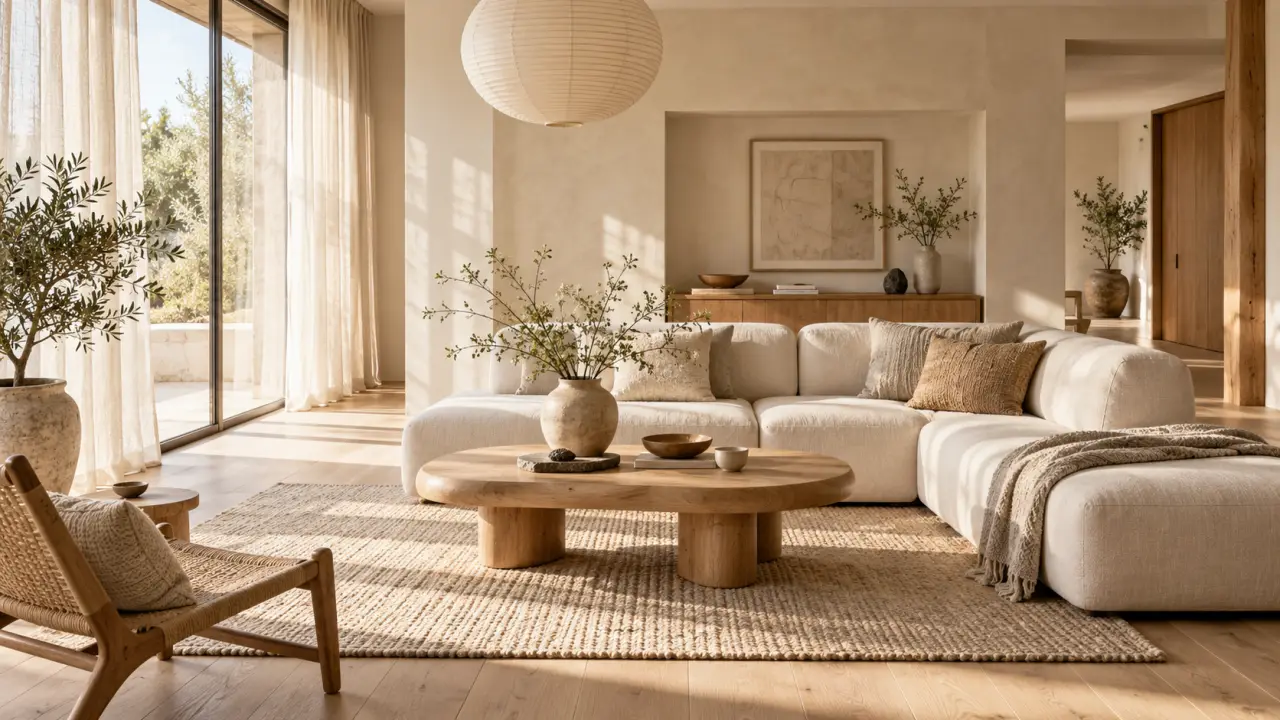 Salon lumineux aux lignes Japandi, avec canapé en lin beige, bois naturel et plante verte