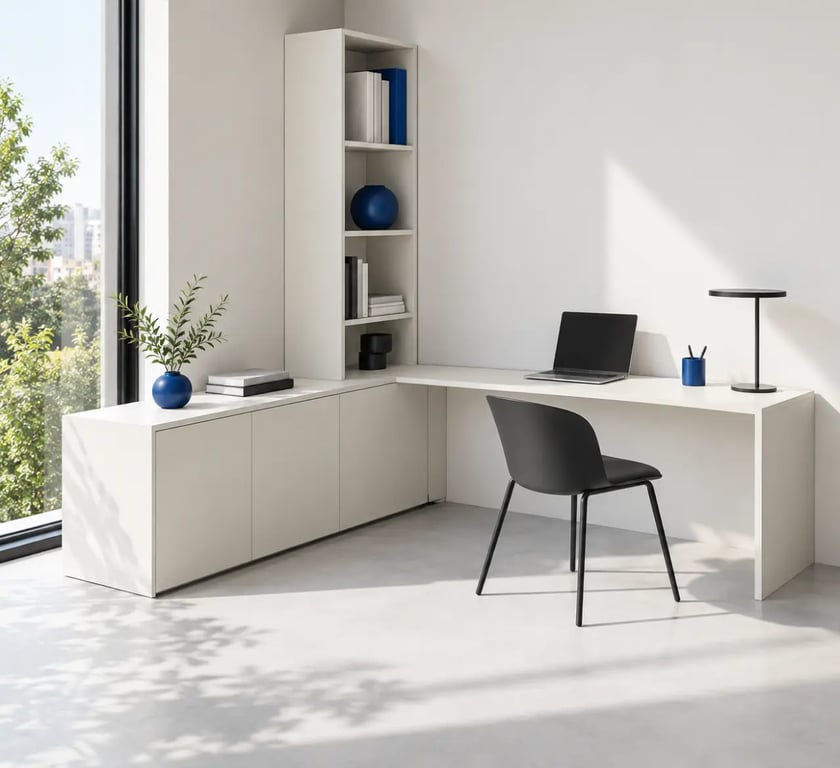 Composition de petit meuble d’angle design modulable dans un bureau compact