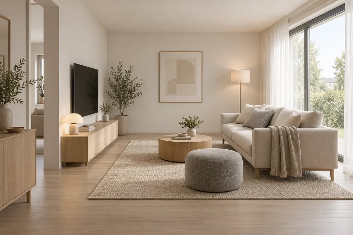 Décoration scandinave salon petit espace avec circulation dégagée et rangements bas