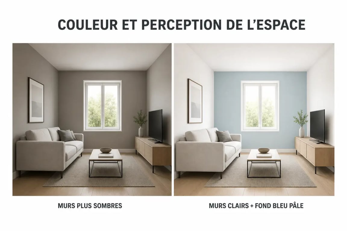 Couleur agrandir piece : petit salon lumineux avec murs clairs, plafond clair et mur du fond bleu pâle