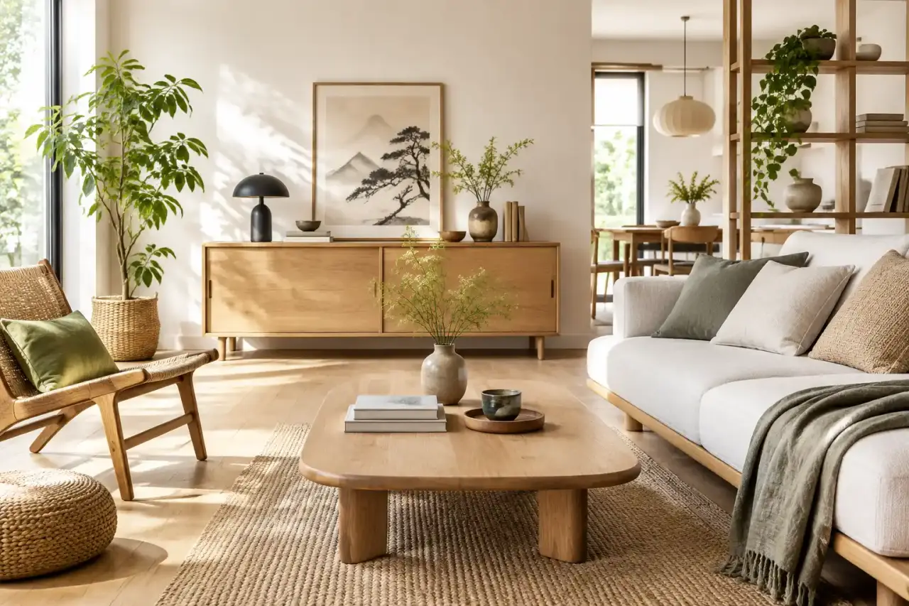 Salon lumineux décoré dans un style Japandi avec mobilier en bois et textiles naturels