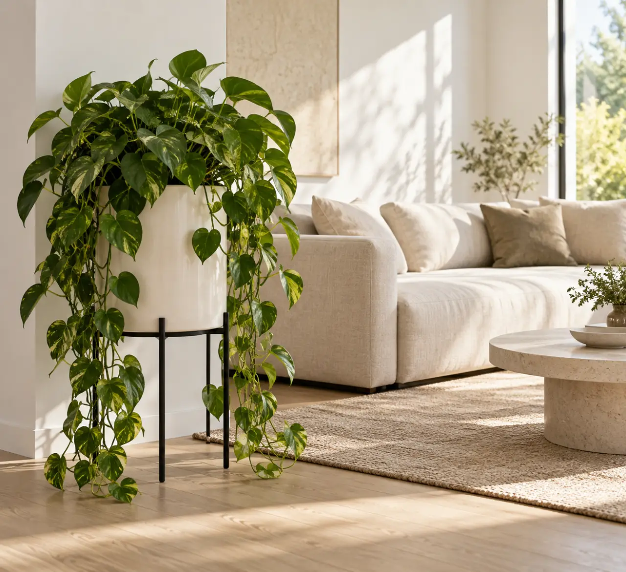 Cache-pot surélevé avec plante retombante dans un salon lumineux
