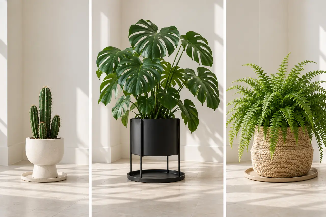 Différents cache-pots surélevés pour cactus, plante verte et fougère
