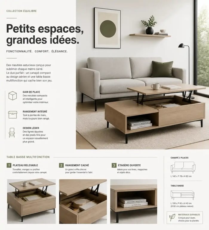 Idées déco pour petit salon avec mobilier multifonctionnel et canapé épuré