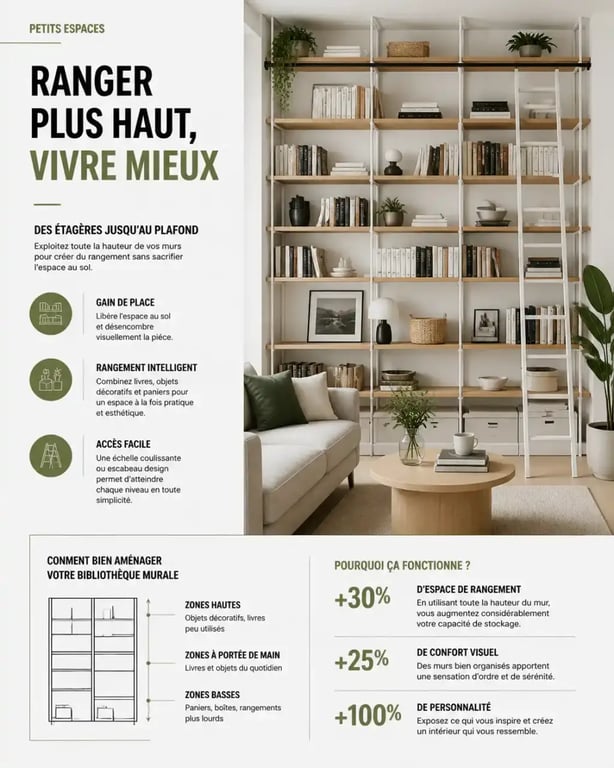 Aménagement vertical et étagères suspendues pour optimiser un petit salon