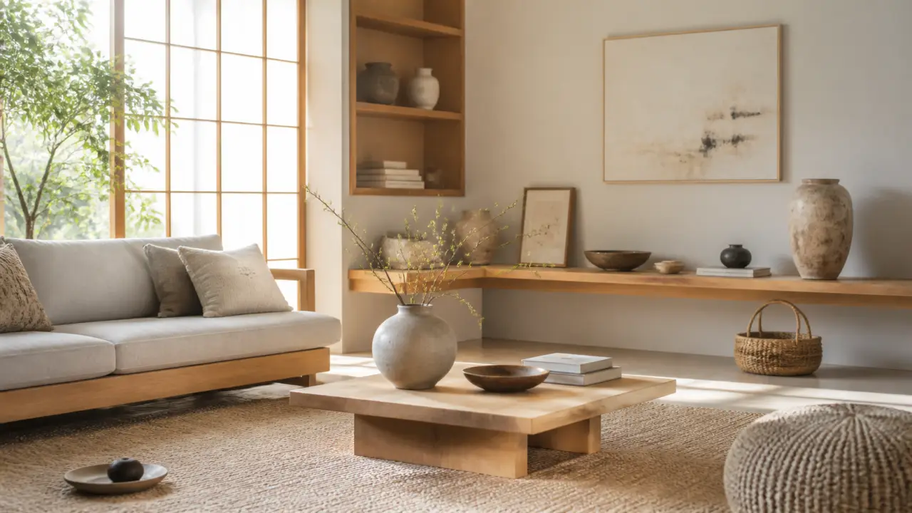 Salon lumineux inspiré du Japandi avec canapé en lin beige, murs blanc cassé et plante en terre cuite