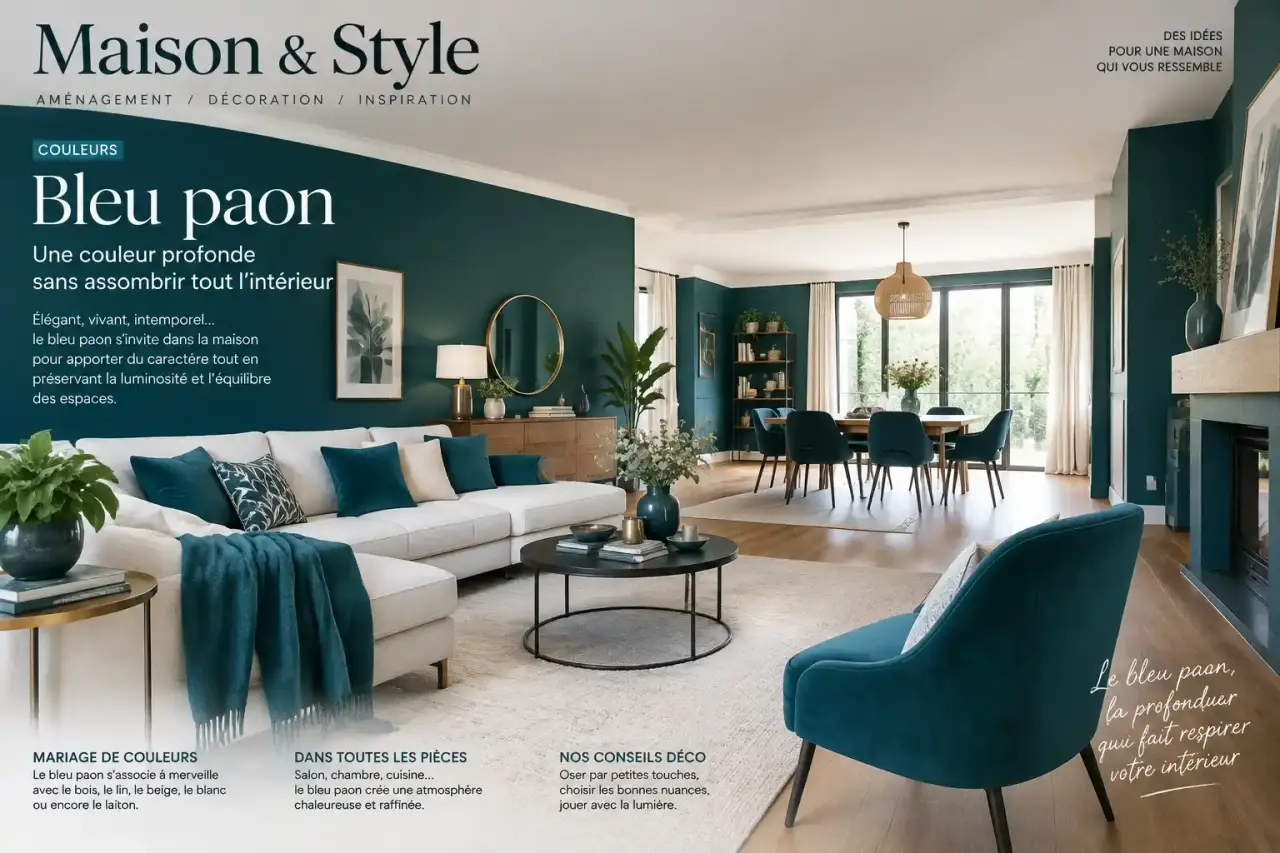 Bleu paon : une couleur profonde sans assombrir tout l’intérieur